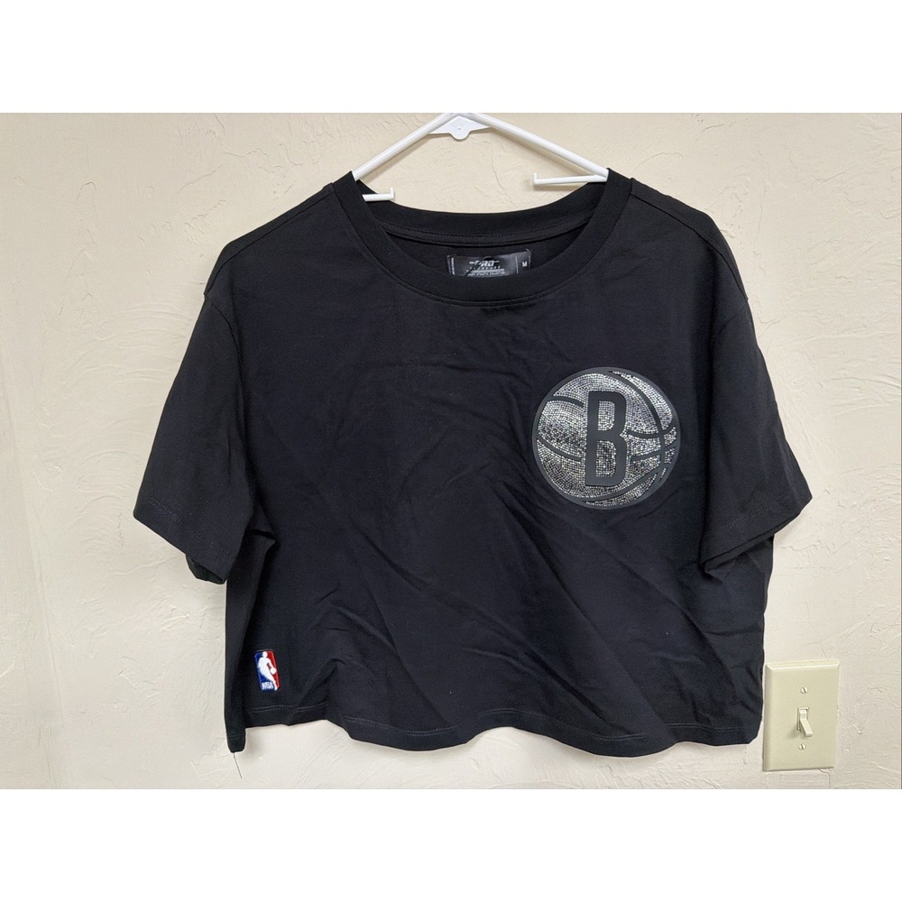 Pro Standard Brooklyn Nets Crop Tshirt Medium Black Sparkle Women NBA Bling NWT